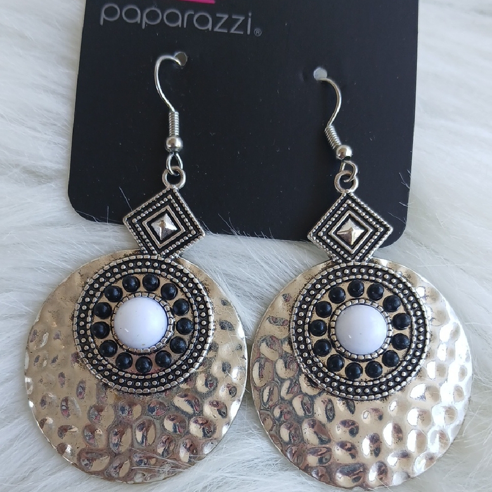 Paparazzi Silver, Black and White Geometric Earrings